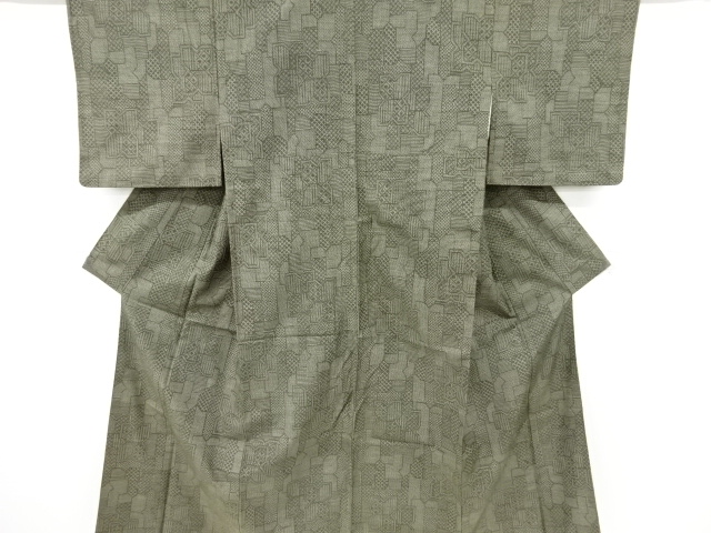 JAPANESE KIMONO / ANTIQUE KIMONO / SILK / TSUMUGI / WOVEN ABSTRACT FLOWER